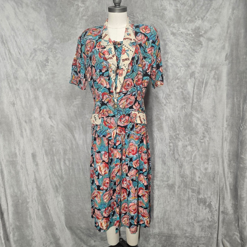 Vtg Designs of California Floral Blazer Midi Skirt Set Retro Button Women M